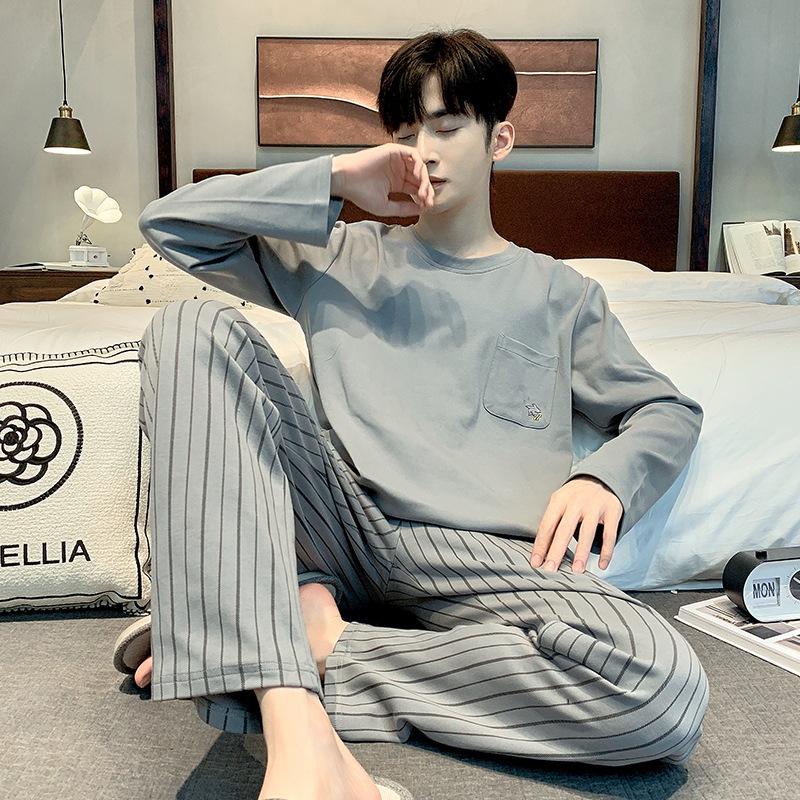 Men's Korean-Style Cotton Pajamas - Long Sleeve, Casual, Seasonal Homewear
