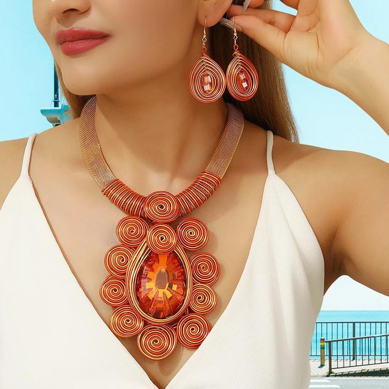 Women Water Drop Crystal Necklace Earrings Handmade Aluminum Wire Woven Jewelry Party Wedding Bridal Gift