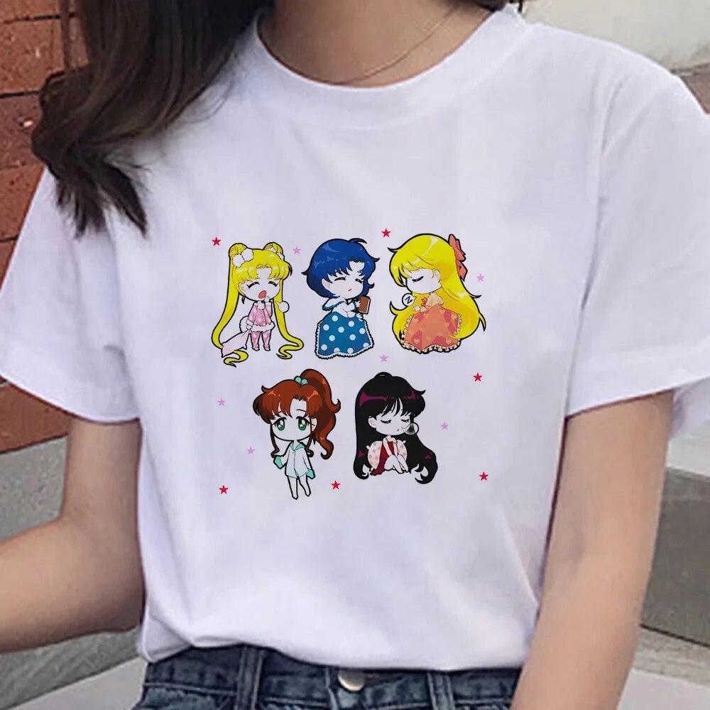 Cartoon Anime Sailor Graphic Moon Print 100 % Baumwolle T-Shirt Mode Goth Girl Kleidung Kurzarm Übergroßes Unisex Frauen T-Shirt Unisex