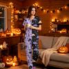 Women's Halloween Print Scrub Set V-Neck Short Sleeve Top with Pocket and Pants 2-Piece Uniform