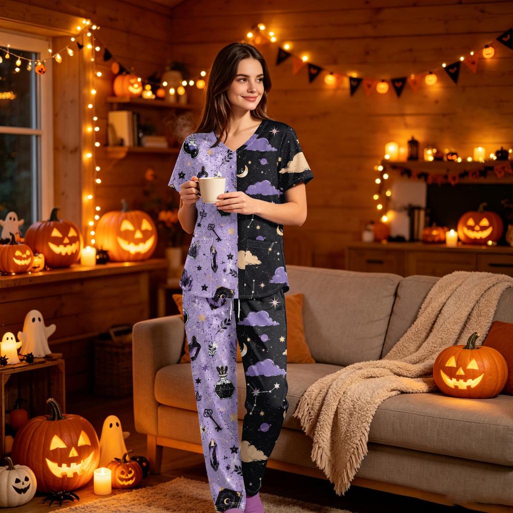 Women's Halloween Print Scrub Set V-Neck Short Sleeve Top with Pocket and Pants 2-Piece Uniform