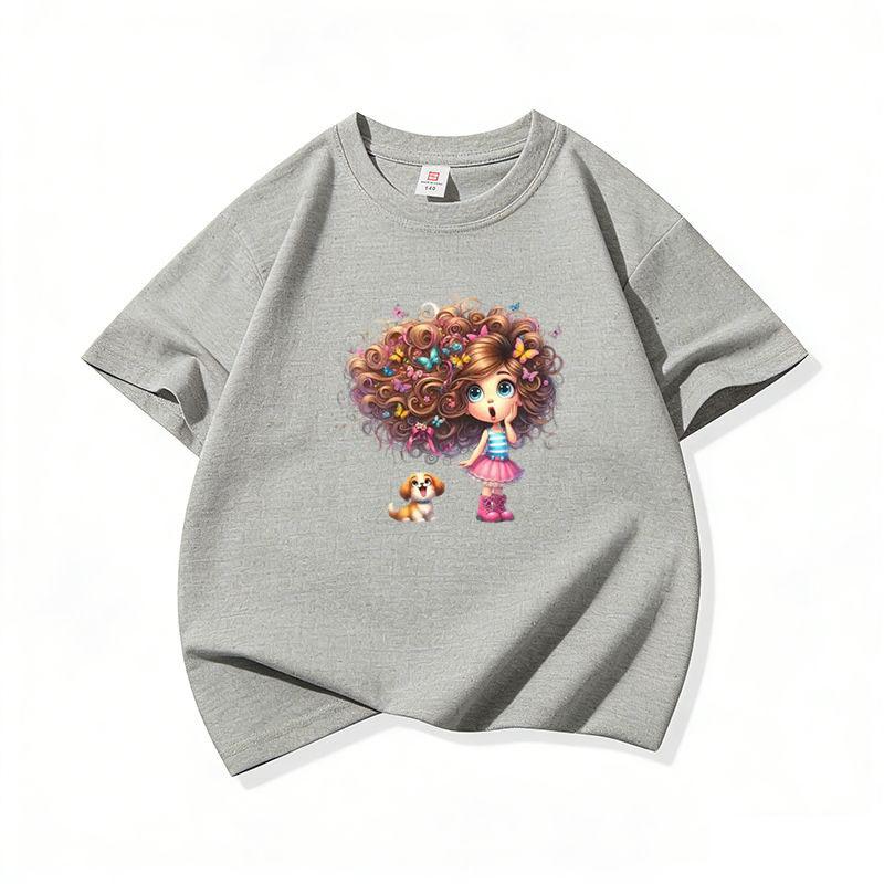Kids Cotton T Shirt Girl With Floral Hair And Puppy Dog Print Crew Neck Short Sleeve Tee Casual Boys Girls Summer Tops
