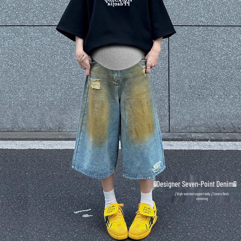 Summer 2026 Korean Style Distressed Maternity Denim Capris X-Large