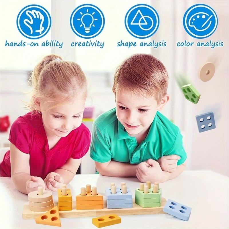 1SET Children's Recycled Wooden Stacked Toys - Educational Color and Shape Classification Puzzles To Develop Fine Motor Skills