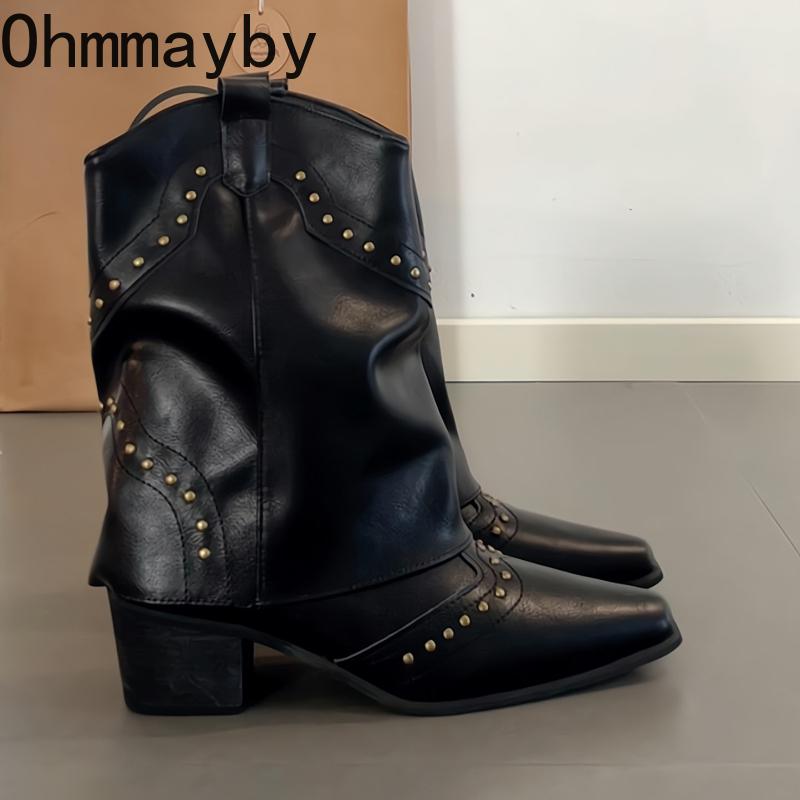 Vintage Pointed Toe Women Ankle Boots Fashion Rivet Slip On Shoes Female Thick Heel Western Cowboy Booties De Mujer