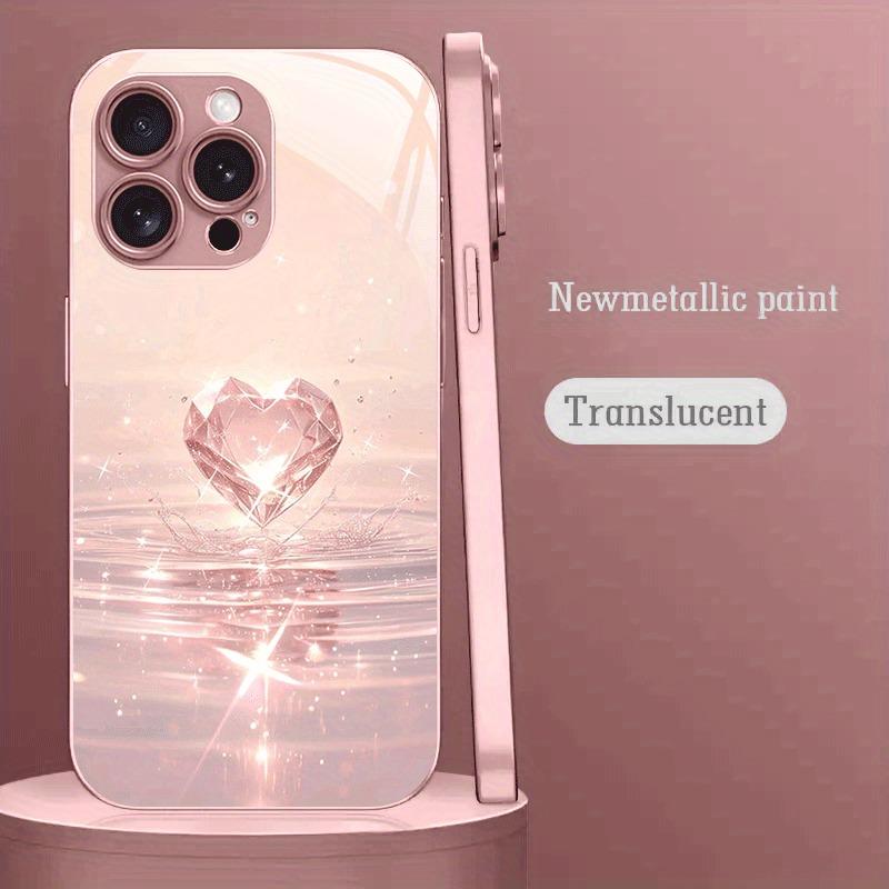 Pink Diamond Ripple Pattern Pink Metallic Paint Glass Phone Case For iPhone 11 12 13 14 15 16 17 Pro Max Plus 16E 17Air Cover