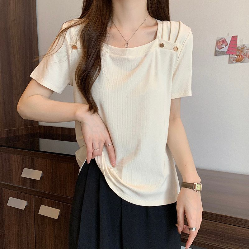 

Square Collar Short Sleeve T-Shirt Bottoming Shirt Women s Summer Wear Plus Size Ladies Slim Looking Belly Covering Easiest for Match Chic Tops Apricot M