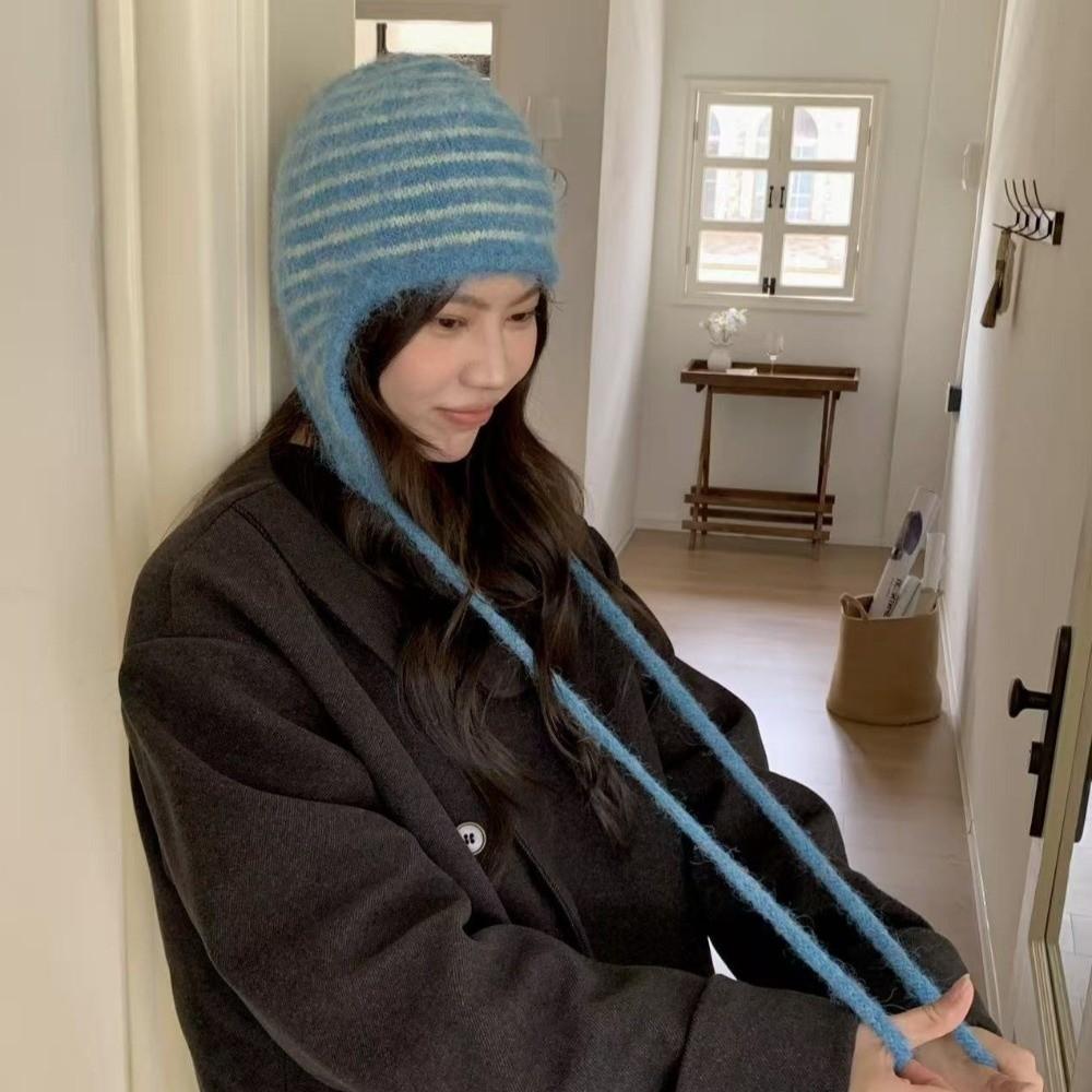 Colorful Earflap Knitted Hat Striped Baggy Beanie Hat Fashion Striped Balaclava for Outdoor Ski