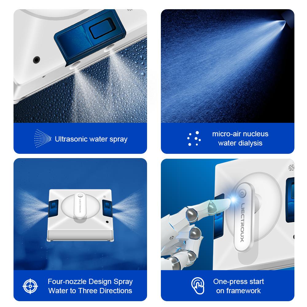 Robot Window Cleaner LIECTROUX YW509,4-Way Water Spray,Home Wall Glass Window Robot Vacuum Cleaner,Updated Laser,Smart Memory