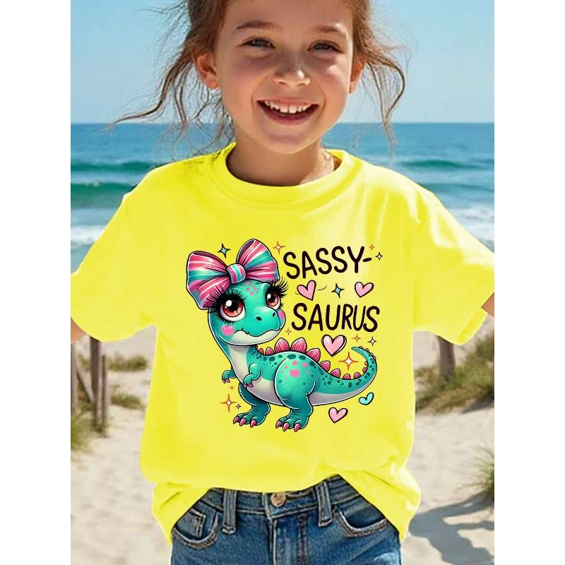 Europäische Größen Mädchen SASSY SAURUS Dinosaurier Grafik T-Shirt Niedliche Rosa Schleife Herz Muster Weicher Strick Sommer Oberteil mit Sassy Saurus Schriftzug