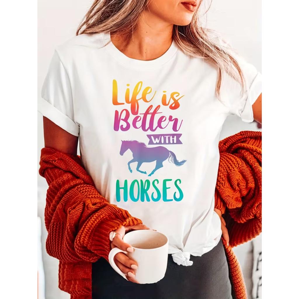 Vibrant Horses Print Crew Neck Tee - Soft, Breathable, Short Sleeve Casual Top for Summer & Spring - Women's Comfortable Clothing
