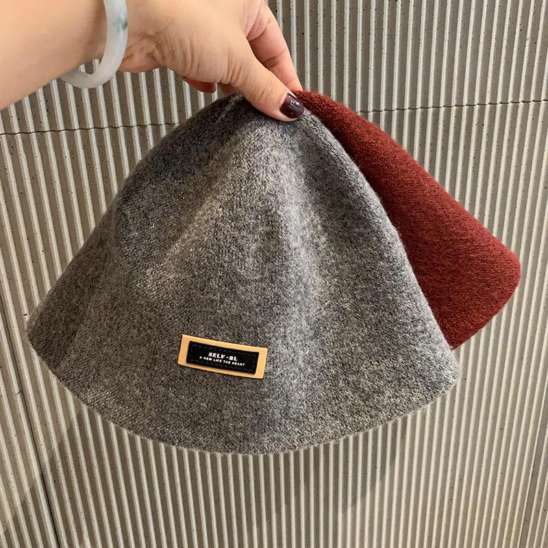 Japanese Ins Simple Letters Woolen Retro Bucket Hat Autumn and Winter Women Fashion Versatile Solid Color Fisherman Hat