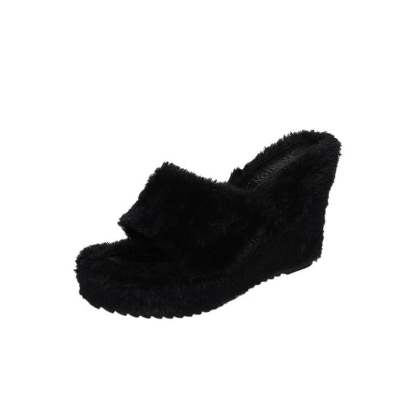 Women Casual Plush Wedge Slippers Fashion Sexy Platform Furry Slides Ladies Slippers Footwear