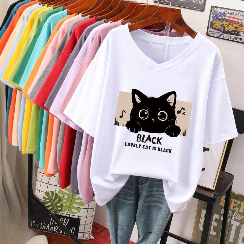 

Short-sleeved T-shirt for Women, Large Size, Loose and Slimming, Printed V-neck Top S білий