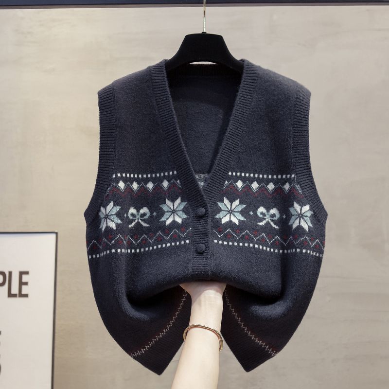 

Кардиган из жаккардового трикотажа с круглым вырезом, весенне-осенний свитер, цветной блок, универсальный топ, блузка, верхняя одежда, женский M тёмно-синий