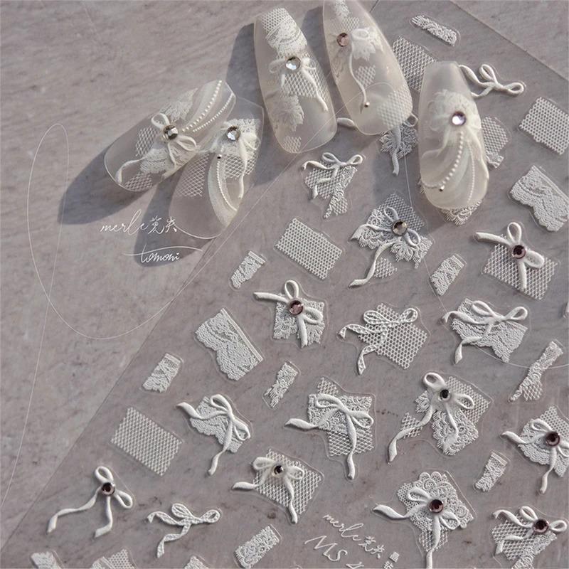 1pcs 5D Diamond Japanese White Lace Bow Nail Art Stickers Pearl Rhinestones Nail Decoration Adhesive Decals Slider DIY Accessory