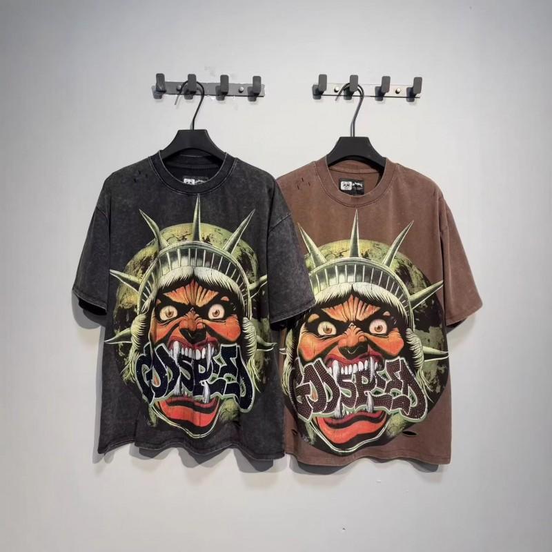 Mens Oversized Graphic Tee With Skull Print Washed Vintage Cotton T-Shirt Loose Fit Short Sleeve Crew Neck