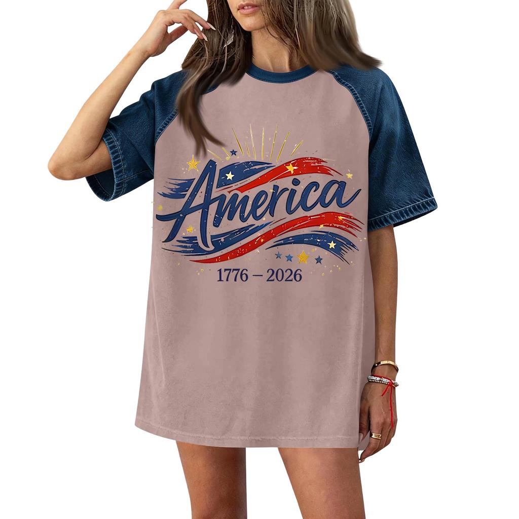 Women's Casual Short Sleeve T-Shirt Denim Patchwork Top 250th Independence Day Graphic Print Comfortable Fit Relaxed Style