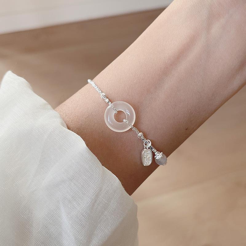 Chinese Style S925 Sterling Silver Chalcedony Bracelet with Jade Beads for Women – Attracts Wealth and Fortune Sterling Silver 925