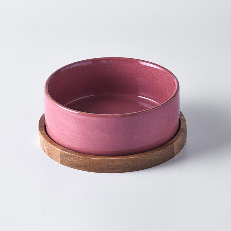 

Dog Bowl Ceramic Matte Pet Bowl Cervical Spine Protector Anti Knock Over Wooden Tray Pet Feeding Supplies Cat Accessories 15.5cm 850ML