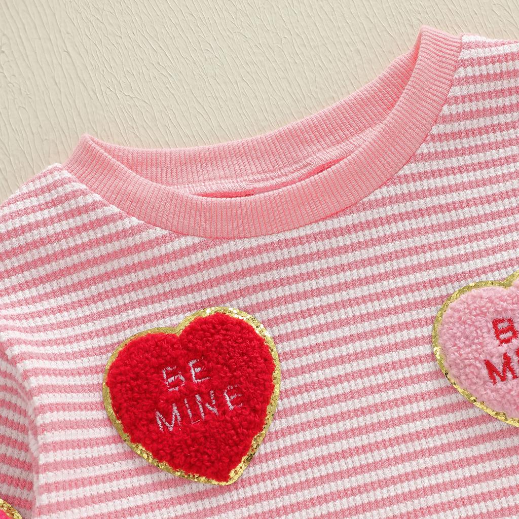 Kids Baby Girls Valentine's Day Sweatshirt Stripe Heart Embroidery Loose Fit Casual Crew Neck Long Sleeve Pullover