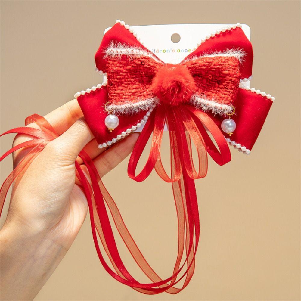 Plüschball Kinder Chinesische Haarnadel Quaste Bestickte Schleife Kopfschmuck Rote Schleife Haarspange Festival