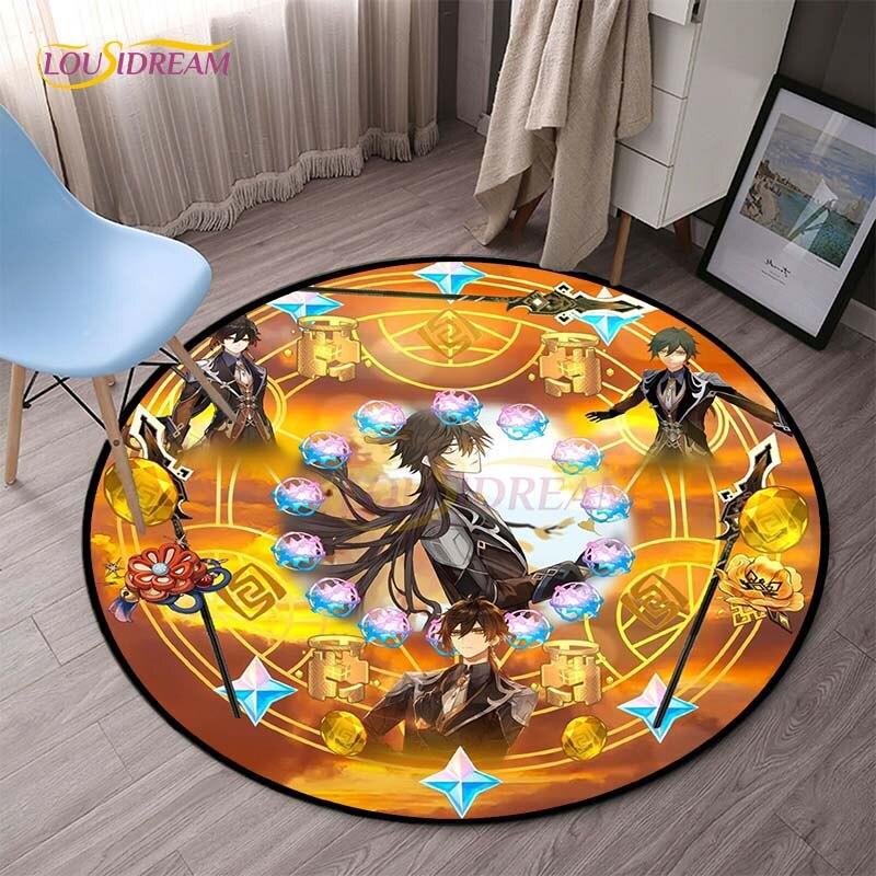 Genshin Impact Runde Teppiche für Schlafzimmer, Cartoon-Teppiche für Wohnzimmer, Kinder, weicher Teppich, rutschfeste Bodenmatte, Heimdekoration, Camping, Picknick