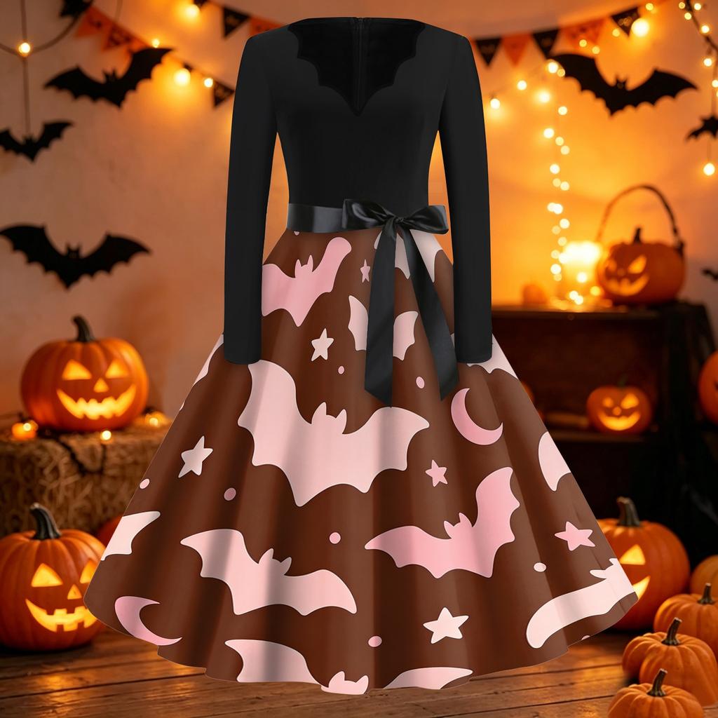 Women's Vintage Halloween Dress V Neck Long Sleeve Casual Retro Style Bat Print Swing Skirt Dress with Waist Tie Belt