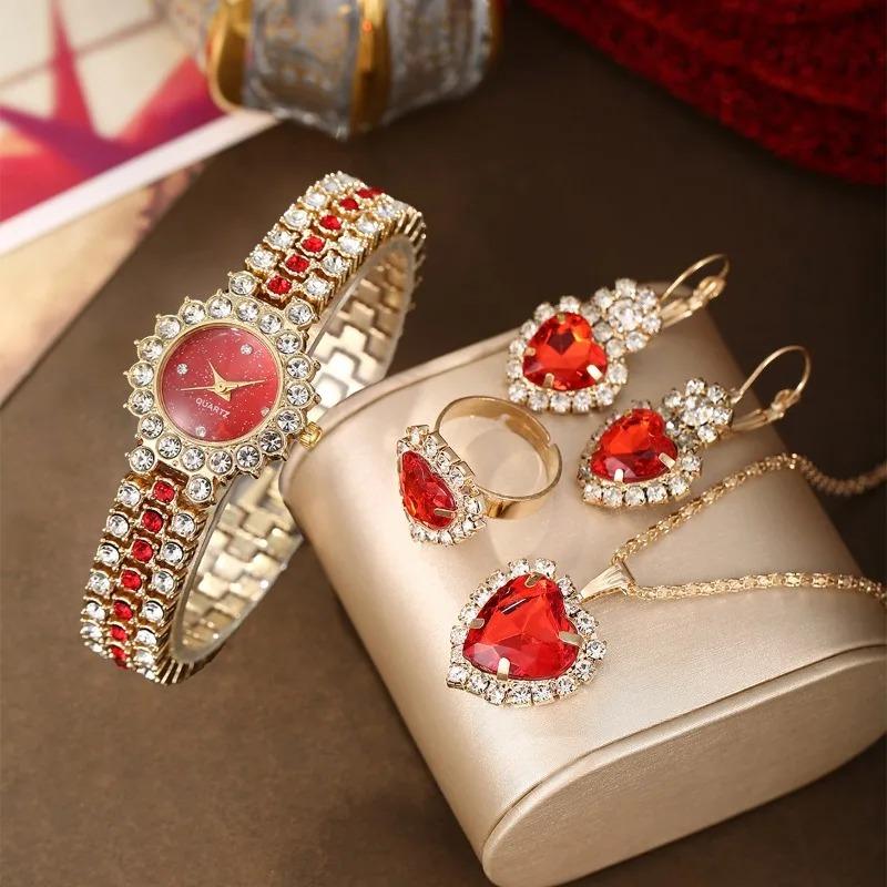 Golden Luxury Watch Women Ring Necklace Earring Rhinestone Fashion Wristwatch Casual Ladies Bracelet Watches Jewelry Set
