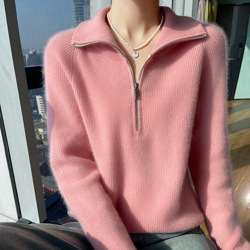 Women's 100% Pure Wool Lapel Pullover - Autumn/Winter 2024 Collection, Loose Fit, Half-High Neck, Versatile, Slimming Knit Sweater.