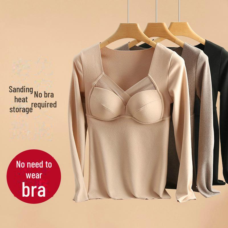 3901 Long-Sleeve Women's Warm V-Neck Tulle Top with One-Piece Cup