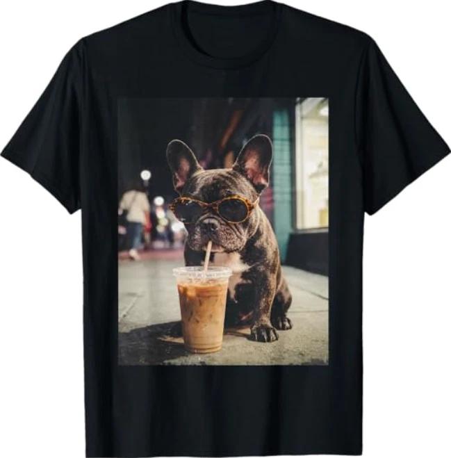 French Bulldog Drinking Iced Coffee Funny Animal T-Shirt 3XL