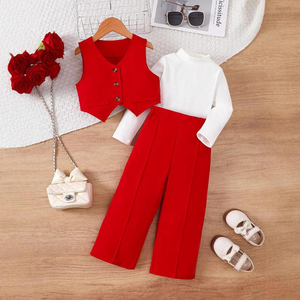 British Style Girls' V-Neck Suit Set: Includes Solid Base Layer & Trousers