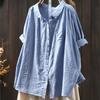 Johnature Women Vintage Shirts Tops Patchwork Pockets Solid Color Turn-down Collar Half Sleeve Thin Summer Shirt