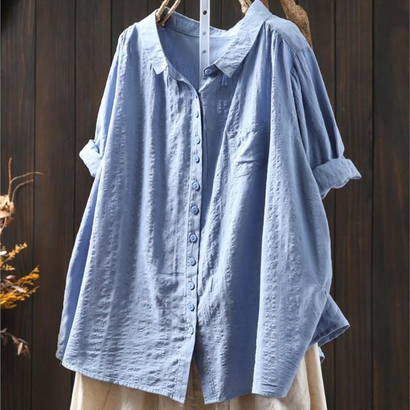 Johnature Women Vintage Shirts Tops Patchwork Pockets Solid Color Turn-down Collar Half Sleeve Thin Summer Shirt
