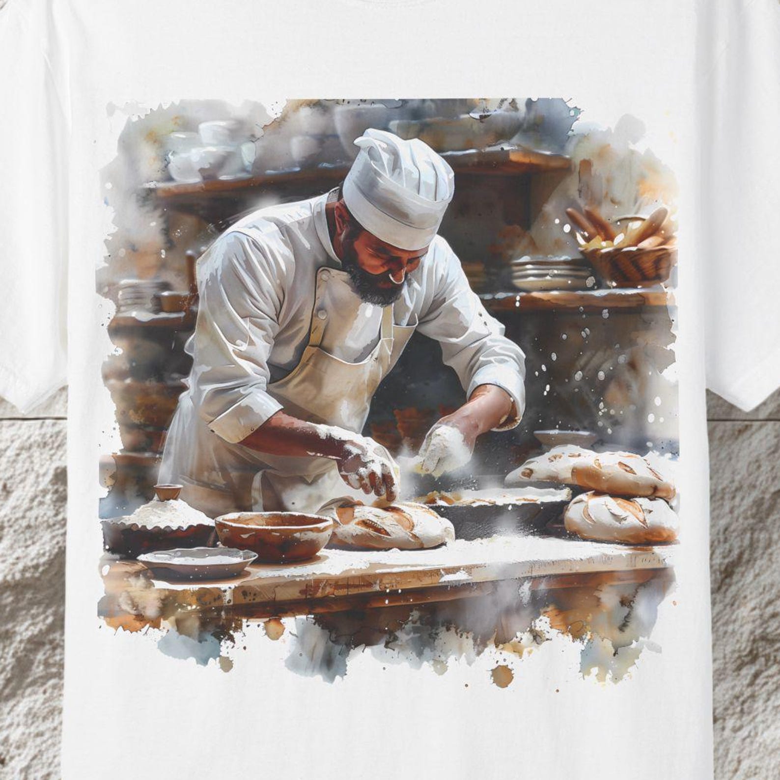 Baker at Work T-Shirt, Watercolor Bakery Art Tee XL