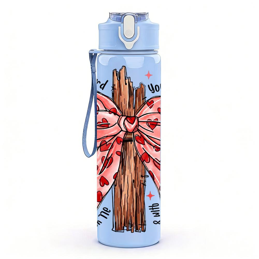 1PC Plaid Bow Wooden Cross Floral 750ml Color Plastic Sports Water Bottle Leakproof Flip Straw Lid Suitable for Sports Office Home Use