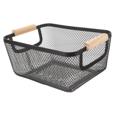 

HOMOCONO Wrought Iron Metal Mesh Wire Basket with Wooden Handle, Metal Storage Basket for Bathroom Organizer, Large Capacity, Rectangular, Scandinavia