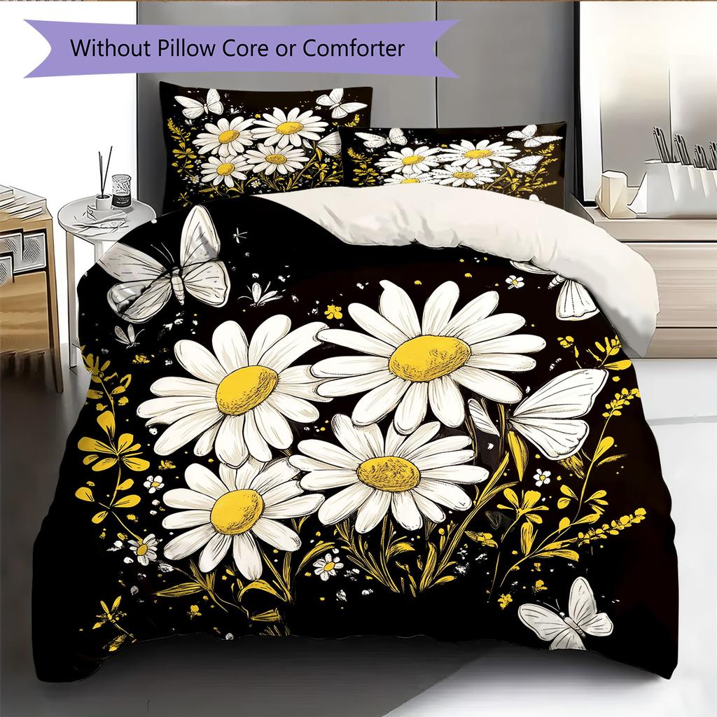 Daisy Butterfly  Pattern Bedding Quilt Set Quilt Cover Pillowcase Home Decoration  Gift (1 * Duvet Cover + 2 * Pillowcase, Without Core)