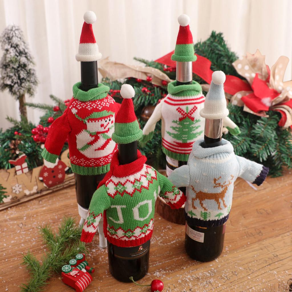 Christmas Wine Bottle Decor Set Santa Claus Snowman  Bottle Cover Clothes Kitchen Decoration For New Year Xmas Dinner Party