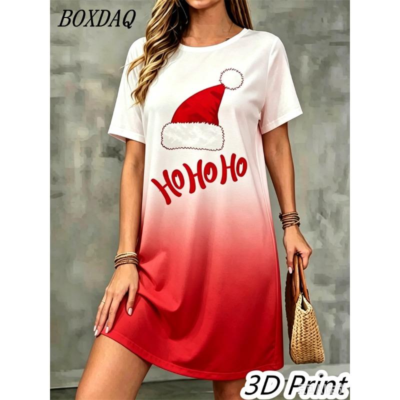Fashion Elegant Christmas Printed Dress For Women Short Sleeve O-Neck Christmas Hat Letter Pattern Loose Mini Dress Casual Robe