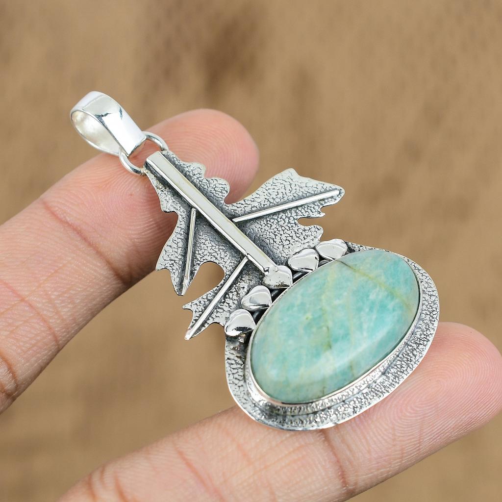 Natural Amazonite Gemstone Pendant 925 Sterling Silver Indian Jewelry For Women