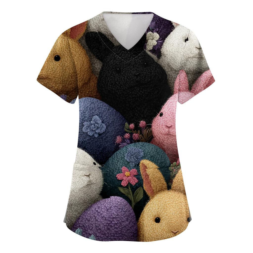 Women's Fashion V-Neck Short-Sleeved Workwear With Pockets Easter Print Top Caregiver Uniform