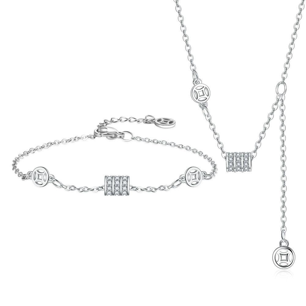 Retro National Style Copper Coin Full Diamond Cylinder Bracelet Necklace Set Female Elegance Temperament Versatile Wealth Rolling Bracelet Chain