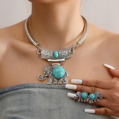 Women Ethnic Elephant Vintage Chain Necklace Earrings Bridal Party Wedding Jewelry Accessories
