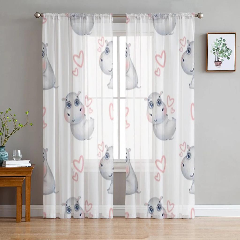 Cute Cartoon Hippos Sheer Window Curtains For Living Room Bedroom Modern Voile Tulle Curtains Fabric Drapes For Kitchen