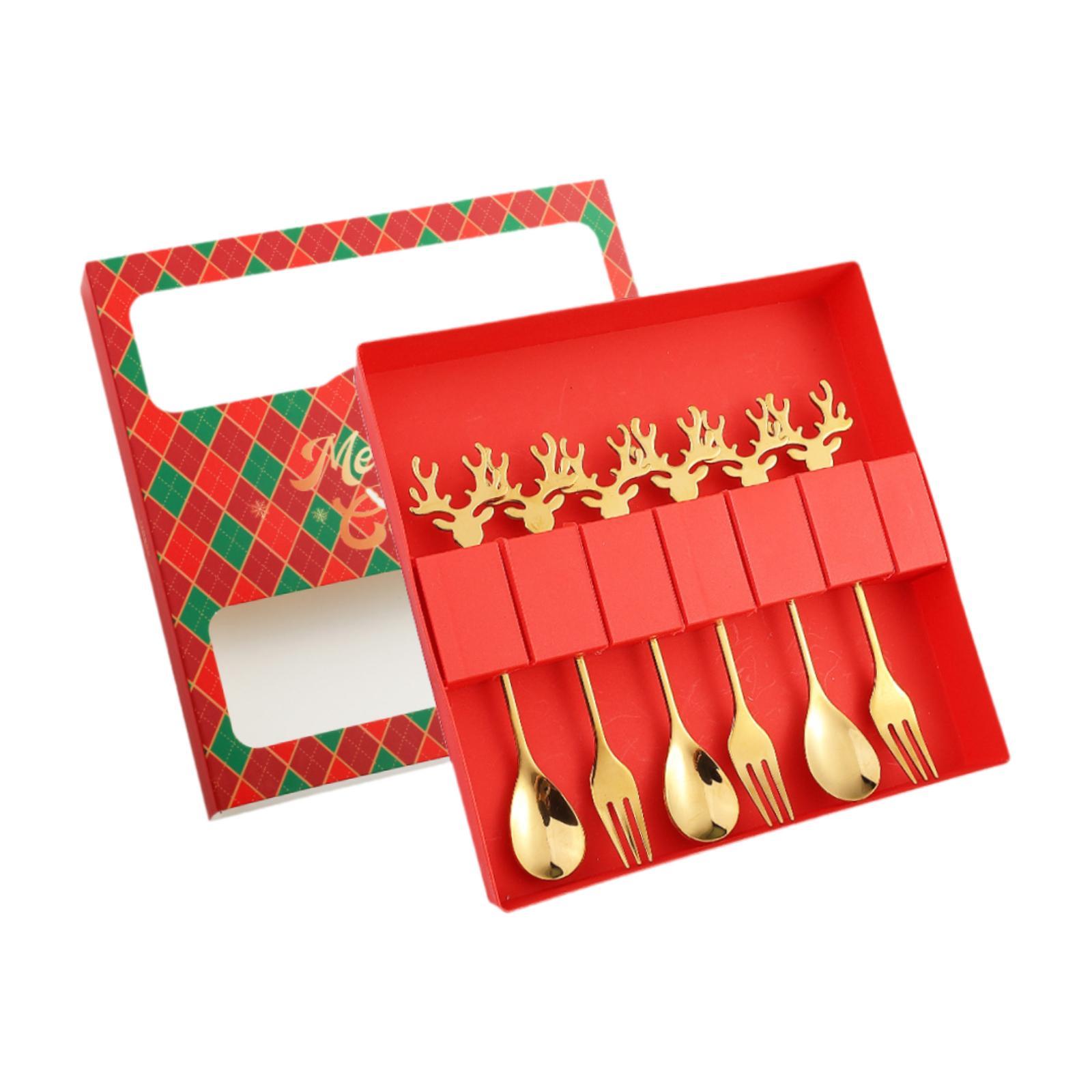 

6x Christmas Spoons Forks Set Premium Stainless Steel Dessert Forks and Spoons Salad Forks Creative Cutlery for Home Fruit