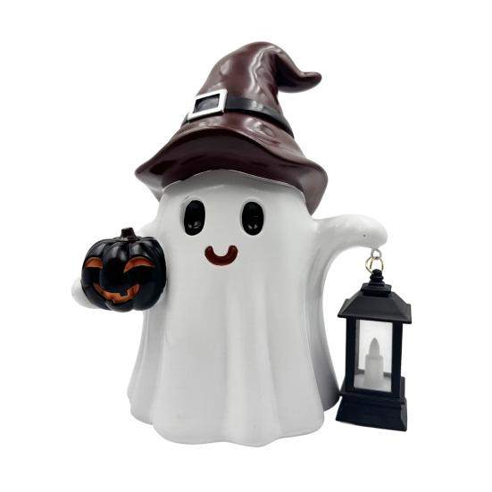 Ghost Statue Solar/Battery-Powered Weather Resistant Resin Whimsical Ghost Pumpkin Design Ornament Halloween Decor