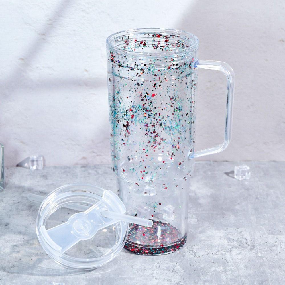 40 oz Capacity Snowglobe Tumbler Pre-Drilled Holes with Handle Glitter Snow Globe DIY Transparent Plastic Clear Cups Drinkware