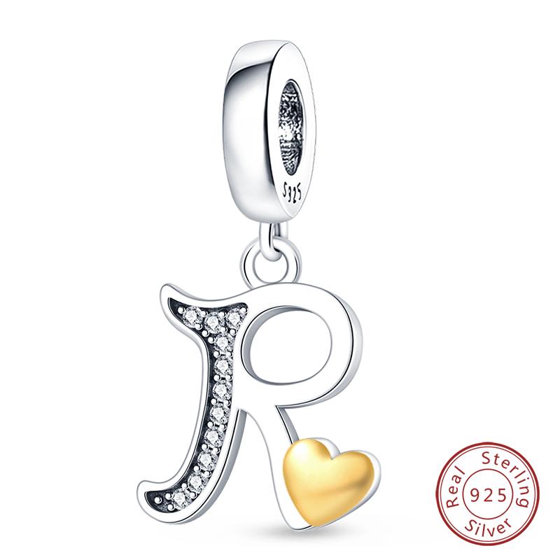 925 Silver Charm Beads Classic Gold Heart-Shaped 26 Letters Pendant For Bracelet DIY Charm Birthday Jewelry